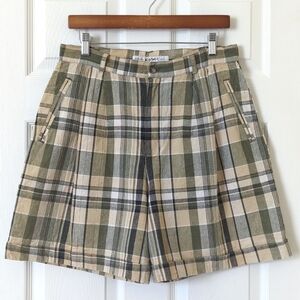 Kikomo 90's Vintage Plaid Linen Blend High Waisted Wide Leg Shorts Sage 13/14